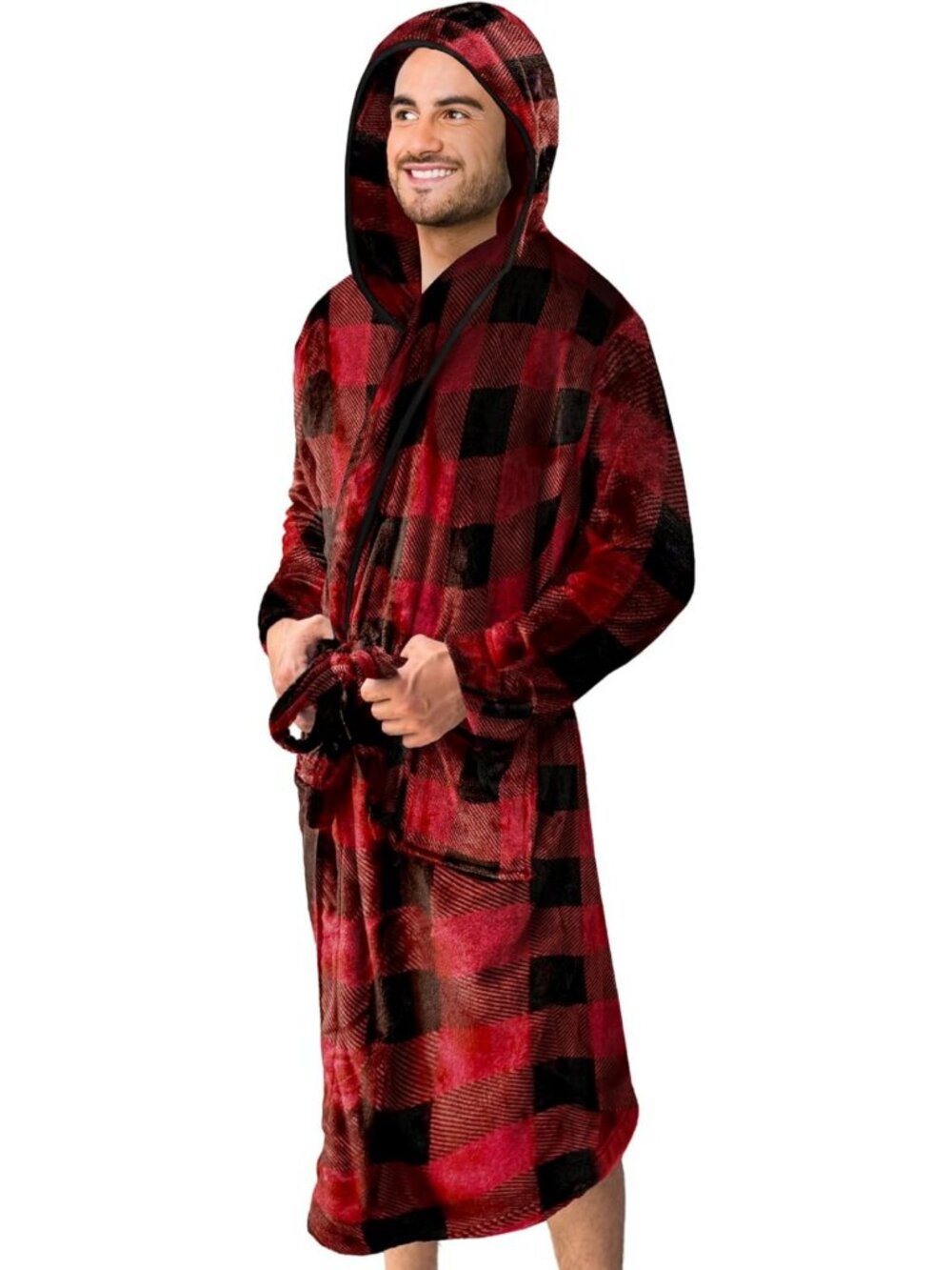 Luxurious Hooded Plush Fleece Bathrobe for Men - Soft Velvet, Shawl Collar